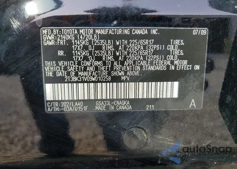 2009 Toyota Rav4 z USA, uszkodzony, nr VIN 2T3BK31V09W010258